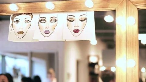 Paintings of a make up appied on faces hanging on the mirror 動画素材 76081266