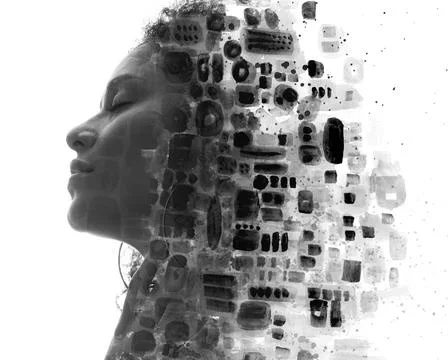 Paintography. Abstract hand drawn pattern combined with a portrait of a woman Stock Photos