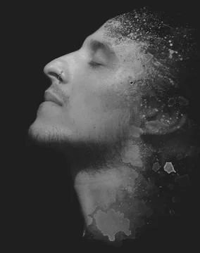 Paintography. Artistic dramatic double exposure portrait of a young guy Stock Photos