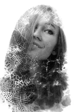 Paintography. A full face portrait of a woman combined with an ink painting. Stock Photos