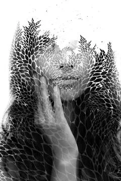 Paintography. Hand-drawn leafy pattern merged with a portrait Stock Photos