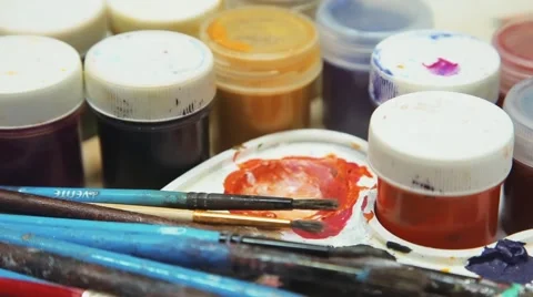 Paints, brushes and palette Stock Footage 59338019