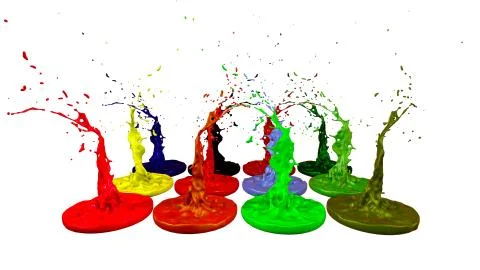 Paints dance on white background. Simulation of 3d splashes of ink on a musical Stock Illustration