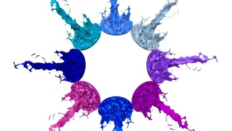 Paints dance on white background. Simulation of 3d splashes of ink on a musical Illustrazione stock