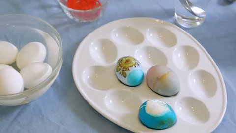 Paints Easter Eggs Top View Stock Footage 128927924