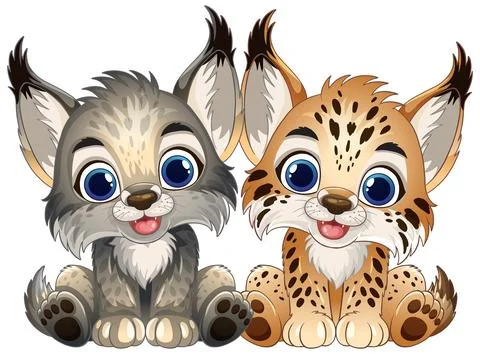 Pair of Adorable Vector Lynx Kittens with Big Blue Eyes Stock Illustration