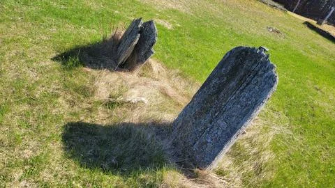 Pair of Aged Cedar Grave Markers in a Rural Cemetery Landscape Stockfoto's