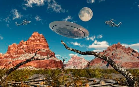 A pair of AH-64 Apache Black Ops helicopters chasing a flying saucer. Illustrazione stock