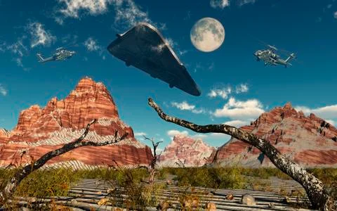 A pair of AH-64 Apache Black Ops helicopters chasing a UFO. Illustrazione stock