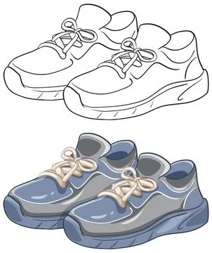 Pair of Athletic Running Shoes in Line Art and Color Vector Ilustração Stock