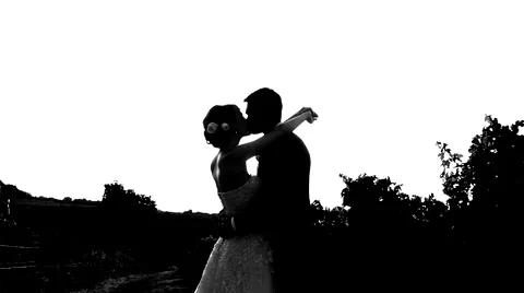 Pair of backlit newlyweds cuddle and kiss. Stock Footage 60851330