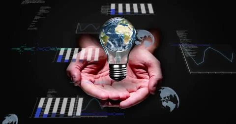 Pair of bare cupped hands holding floating globe bulb in dark studio, showing Stock Illustration