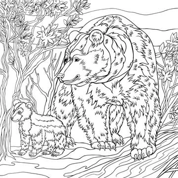 A pair of bears in the forest, coloring book. Monochrome versions. Freehand Illustrazione stock