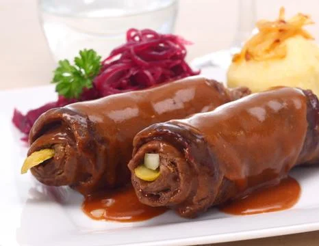 Pair of beef roulades or beef olives Stock Photos