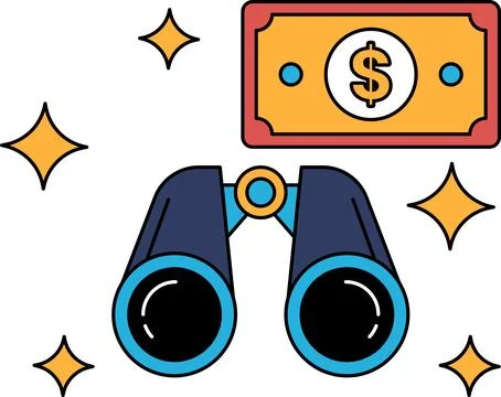 A pair of binoculars is shown next to a dollar bill Stock Illustration