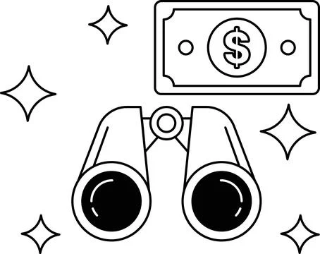 A pair of binoculars is shown next to a dollar bill Stock Illustration