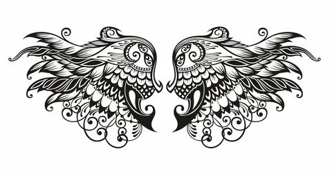 A pair of bird wings. Angel. Vector illustration for tattoo. Stock Illustration