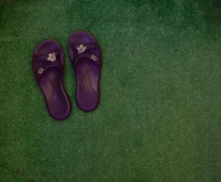 Pair of Black Flip-Flops on Artificial Grass Stock Photos