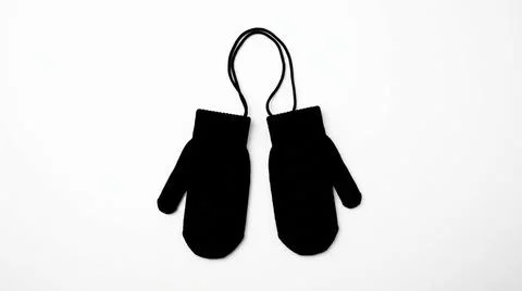 Pair of Black Knit Mittens with String Connected on White Background Ilustração Stock