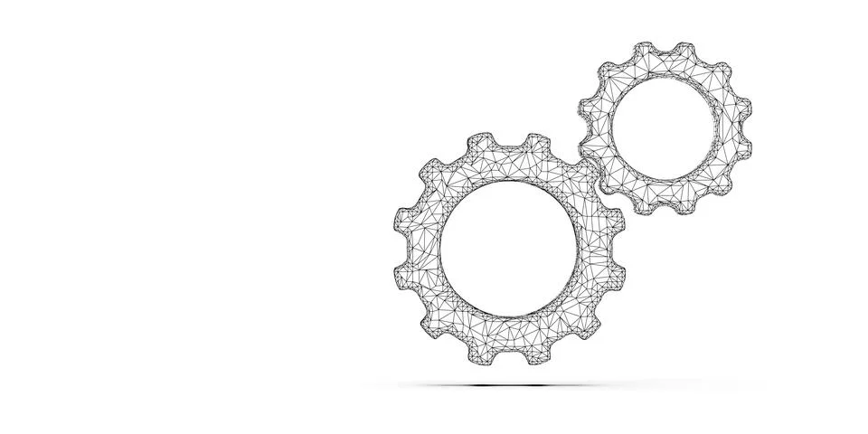 Pair of black low-poly wireframe gears or cogwheels floating on white backg.. Illustrazione stock