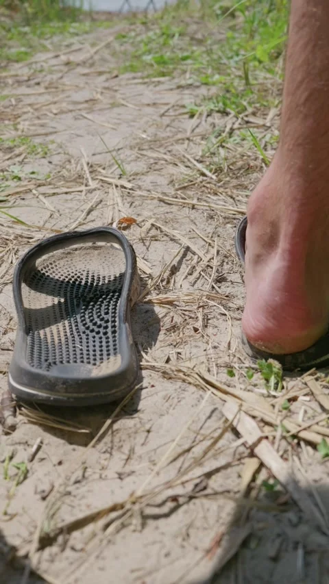 Pair of Black Massage Flip Flops Resting on Sandy Path Outdoors Stock Footage 342768522