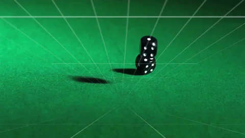 Pair of black six-sided dice tossing over green felt grid, spinning, bouncing, Stock Footage 311500369