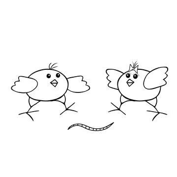 Pair of black Vector Easter chicks with worm isolated on a white background Stock Illustration