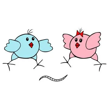 Pair of black Vector Easter pink and blue chicks with worm isolated on a whit Illustrazione stock