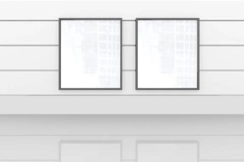Pair of blank posters are appearing in 3D render gallery, with metal strips and Stock Photos