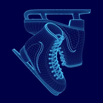 Pair of blue ice skates with a blue background. The skates are shown, giving the Illustration