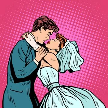 Pair of bride and groom first kiss Stock Illustration