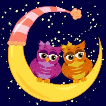 A pair of bright owls sits on a crescent moon in the night starry sky. The in Ilustração Stock