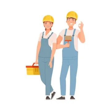 Pair of builders in blue overalls with tools. Vector illustration. Stock Illustration