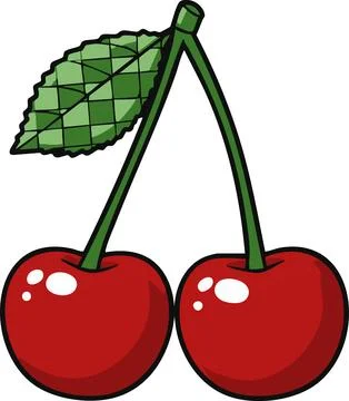Pair of cartoon red cherries hangs with green stems and leaf on a white backd Stock Illustration
