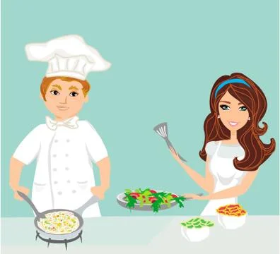 Pair of chefs prepares delicious dishes Stock Illustration