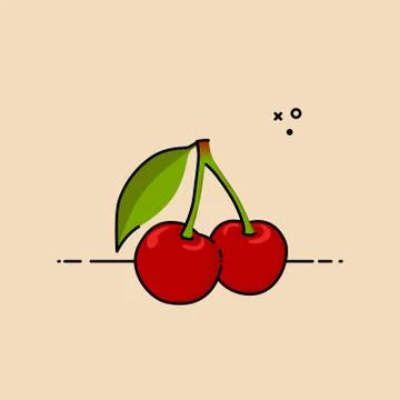 Pair of cherries with a leaf. Flat vector illustration. Stock Illustration
