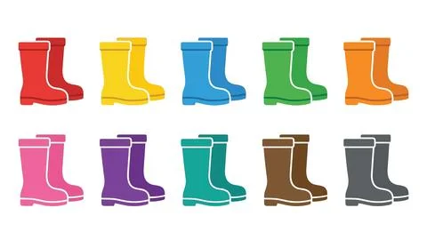 Pair of colorful rubber boots, set of brightly colored gumboots for childre.. Ilustração Stock