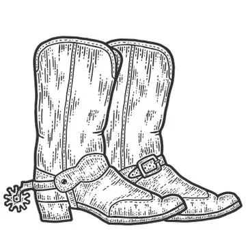 A pair of cowboy boots, sketch. Scratch board imitation. Black and white hand Stock Illustration