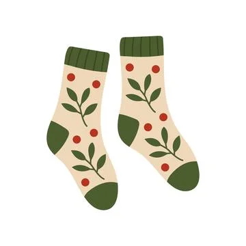 Pair of cozy green winter socks with leaf pattern vector Illustrazione stock