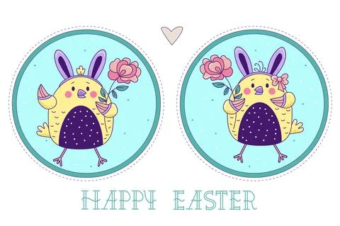 A pair of cute birds. Easter chicks girl and boy with bunny ears and with a rose Stock Illustration