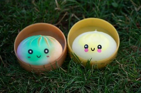 Pair of cute dumpling squishy stress relief toys in round containers Stock Photos
