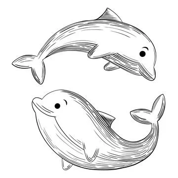Pair of Cute Jumping Dolphins Outline Illustrazione stock