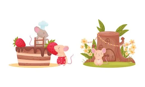 Pair of Cute Mice Decorating Cake with Strawberry and Sitting Near Stump House Stock Illustration