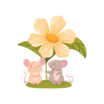 Pair of cute mice sits under a large orange flower. Vector illustration on white Ilustração Stock