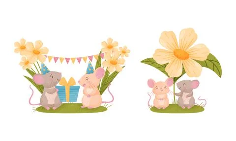 Pair of Cute Mice Sitting Under Flower and Celebrating Holiday Giving Gift Box Ilustração Stock