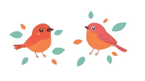 A Pair of Cute Orange Robin Bird Animal with Leaves in the Park Ilustração Stock