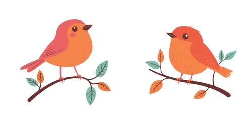 A Pair of Cute Orange Robin Bird Animal Perched on Tree Branch Illustrazione stock