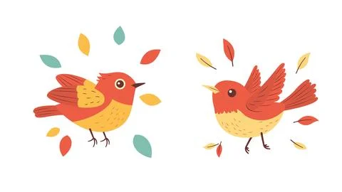 A Pair of Cute Orange Robin Bird Animal with Leaves in the Park Ilustração Stock