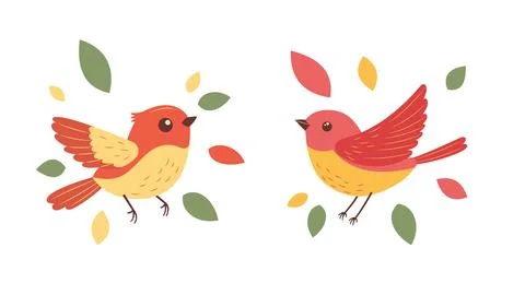 A Pair of Cute Orange Robin Bird Animal with Leaves in the Park イラスト素材