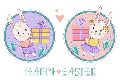 A pair of cute rabbits. Easter bunny girl and boy with a big gift box on a decor Stock Illustration